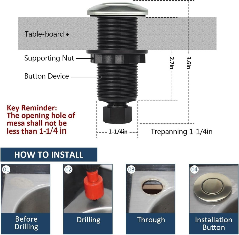 Upgraded Brushed Nickel Air Switch Button for Efficient Kitchen Waste Disposal