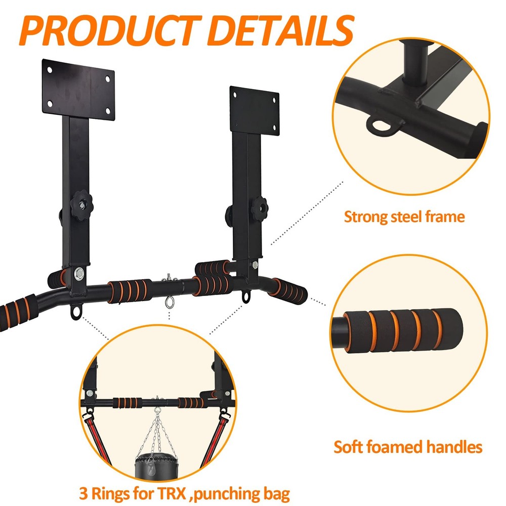 BESTHLS Joist Mounted Pull Up Bar 4 Level Height Adjustable Ceiling Black