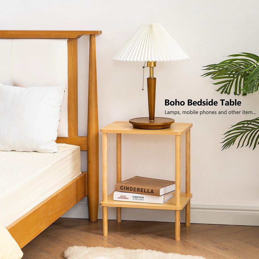 Apicizon 2 Tier End Table, Small Side Table with Solid Wood Legs, Boho Bedsid...