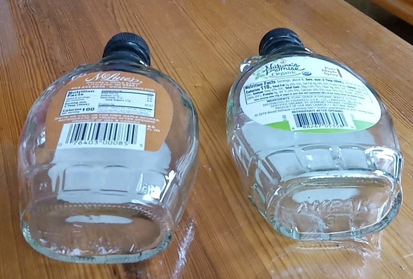 2 Empty Maple Syrup Clear Glass 8.5 oz Bottles w Loop Handle Plastic Caps Labels
