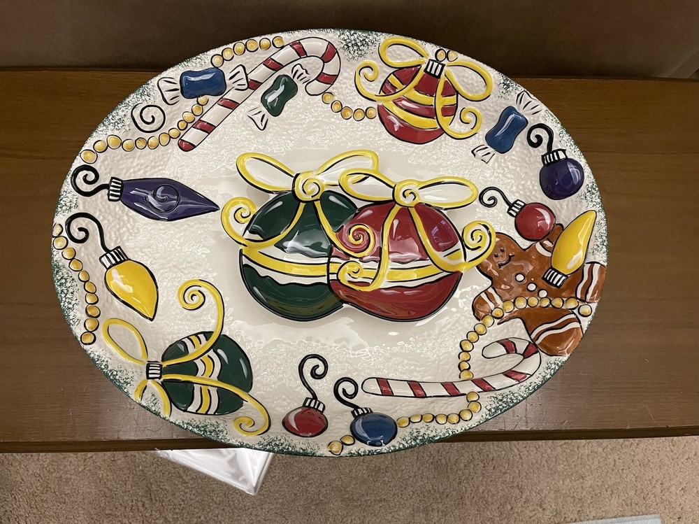 Clay Art Deck the Halls Chip & Dip Serving Platter Christmas 2002