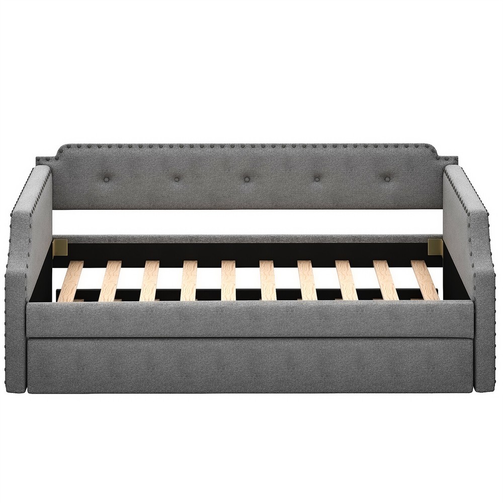 Twin Size Daybed w/ Pull-Out Trundle Bed Upholstered Bed Frame Sofa Bed US