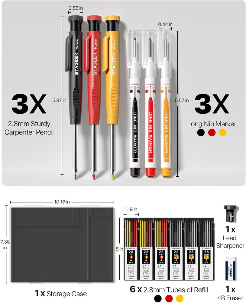 3PCS Carpenter Pencils with Sharpener, Heavy Duty Woodworking Tools, Mechanical