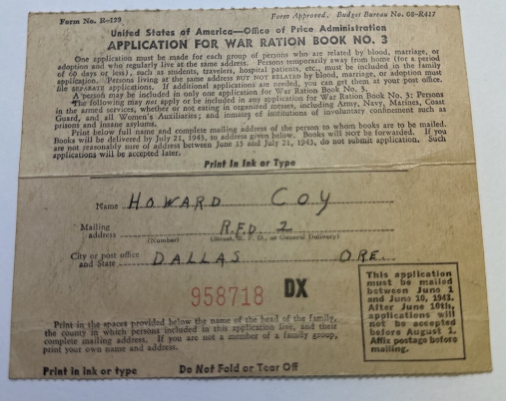 War Ration Book Two - And Application for War Ration Book Three - Dallas Oregon