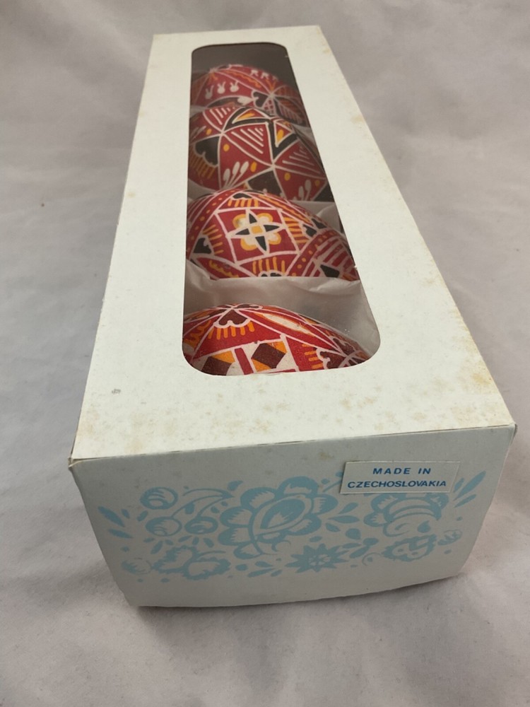 box of 4 hand decorated batik goose Easter eggs czechoslovakia