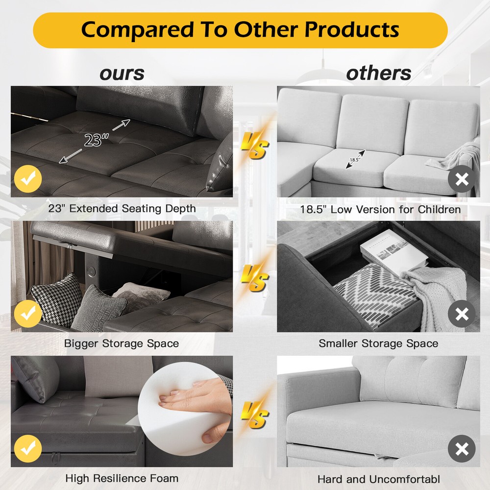 3 in 1 Pull Out Sofa Bed Sleeper Sofa with Storage Chair Sectional L Shape Couch