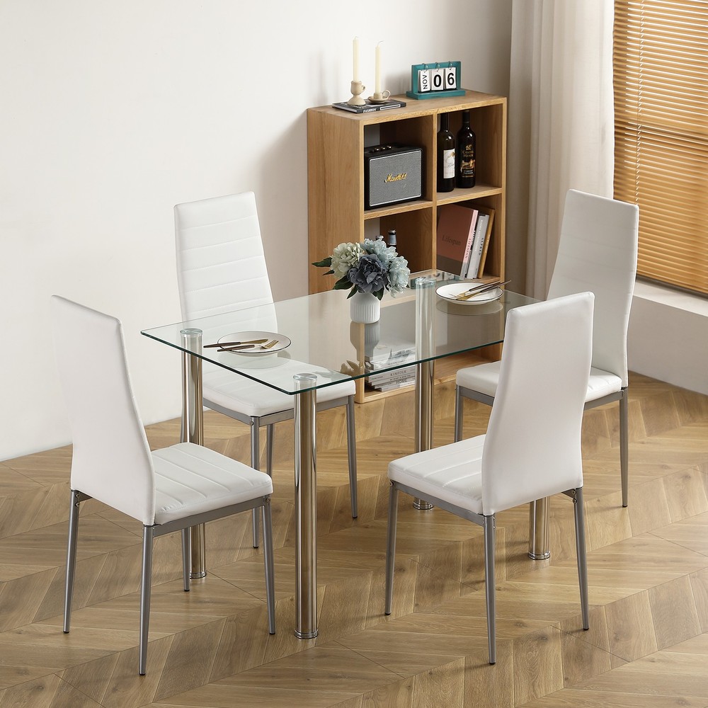 5pcs/set Dining Table Set Kitchen Tempered Glass Dining Table with 4Chairs White