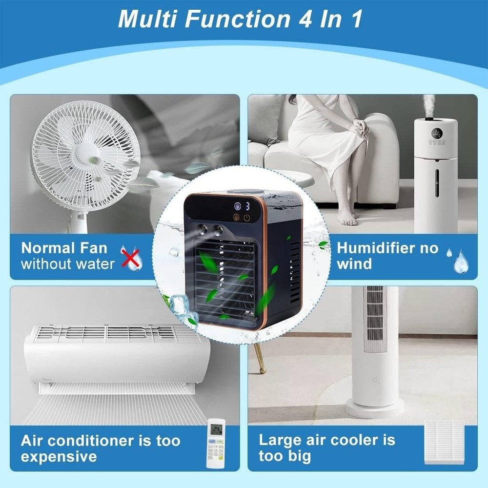 Blue Portable Air Cooler 4-in-1 Fan Humidifier Purifier Rechargeable
