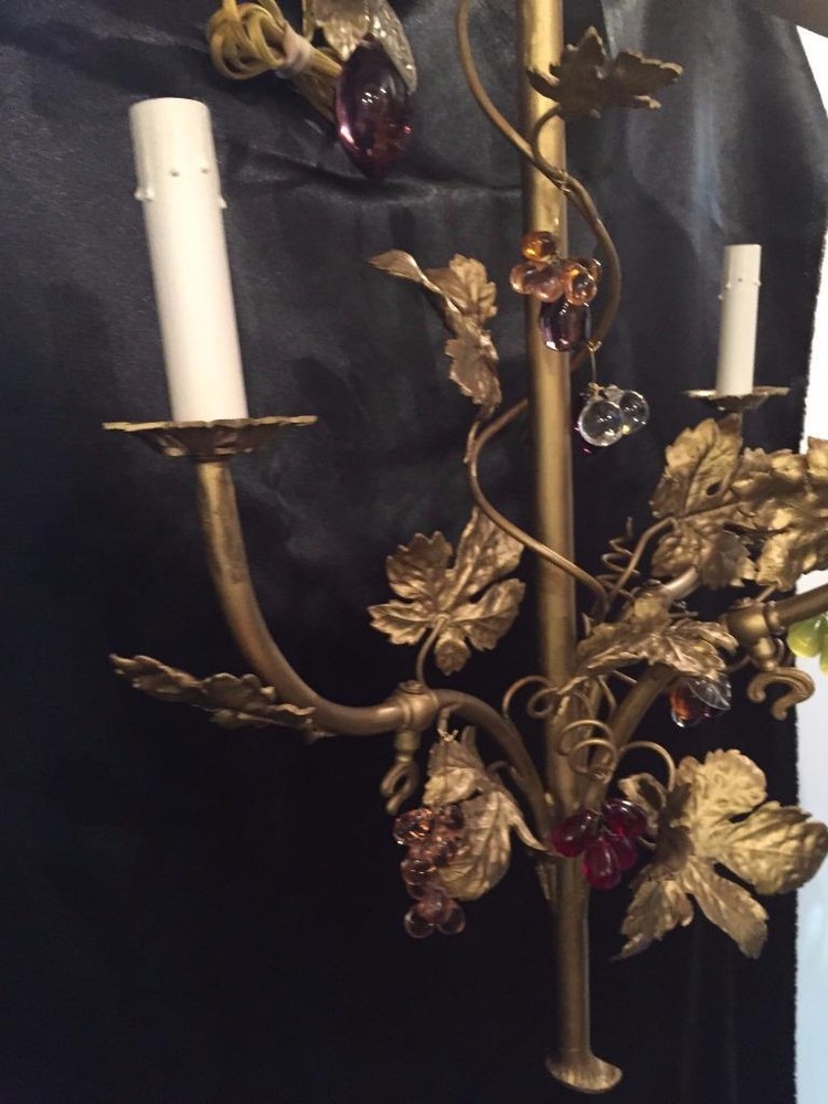 FRENCH ANTIQUE SOLID BRASS GRAPE LEAVE SCONCE WITH MULTI COLOR FRUIT CRYSTALS