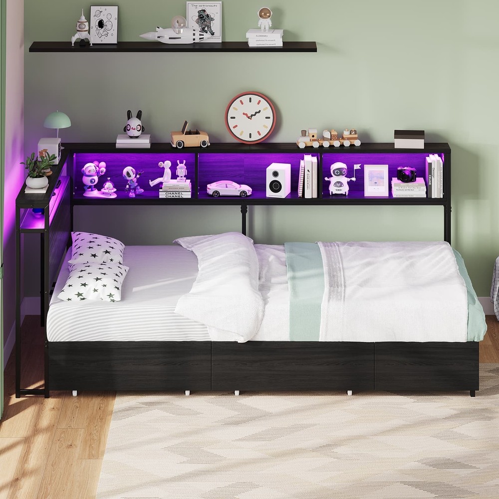 Corner Twin Bed Frame with 3 Storage Drawers, Bed Frame with LED & Charging