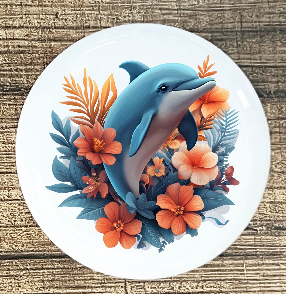 DOLPHIN  FLORAL back round White ceramic knob kitchen cabinet pull STYLE 6