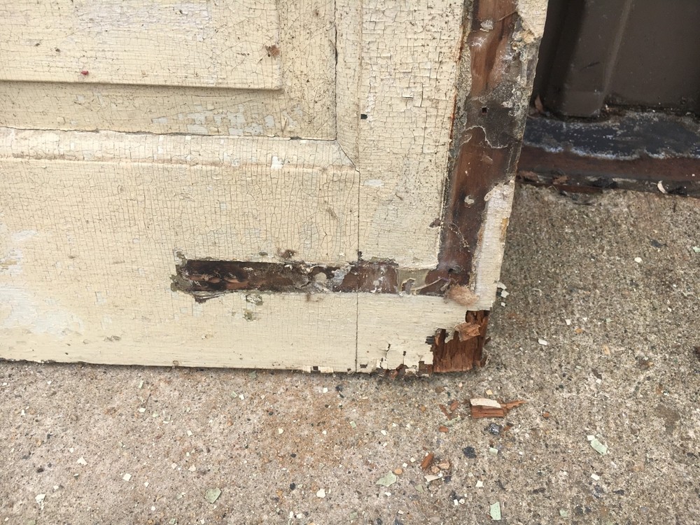 c1830 Raised panel door old crusty paint 77 x 29.5" - Five panel old hardware
