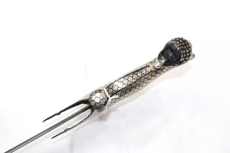 Sword Damascus Blade Silver Koftgari Wire Work Tiger Face Handle Sheath W 171