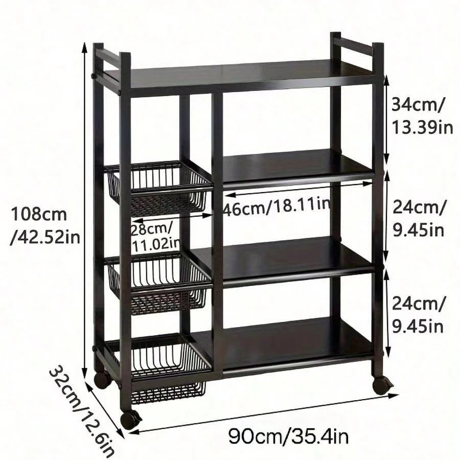 4‑Layer Adjustable Storage Rack with 3 Baskets on Wheels Portable Organizer
