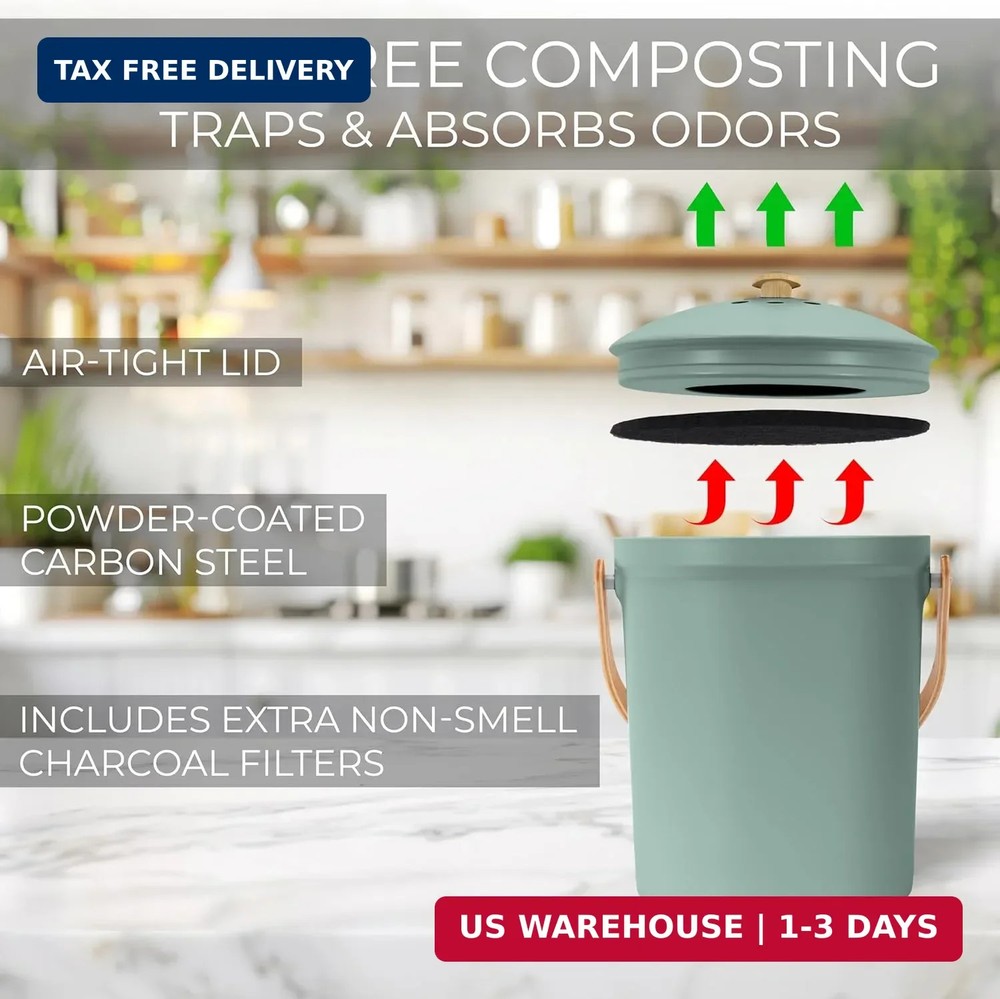 Kitchen Compost Bin 1.1 Gallon Odorless Countertop Composter Lid Rust