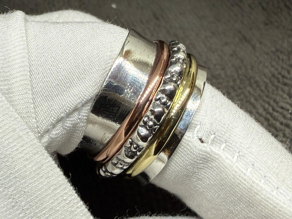Solid 925 Sterling Silver Boho Multi-Metal Spinner Textured Fidget Band Ring