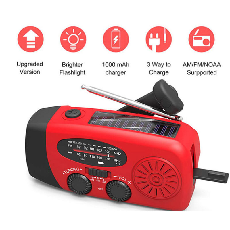 Solar Hand Crank USB Charging Radio with LED Flashlight for Emergency