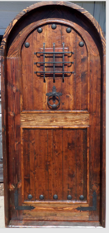 Rustic reclaimed solid lumber arched door wine room castle storybook CUSTOM