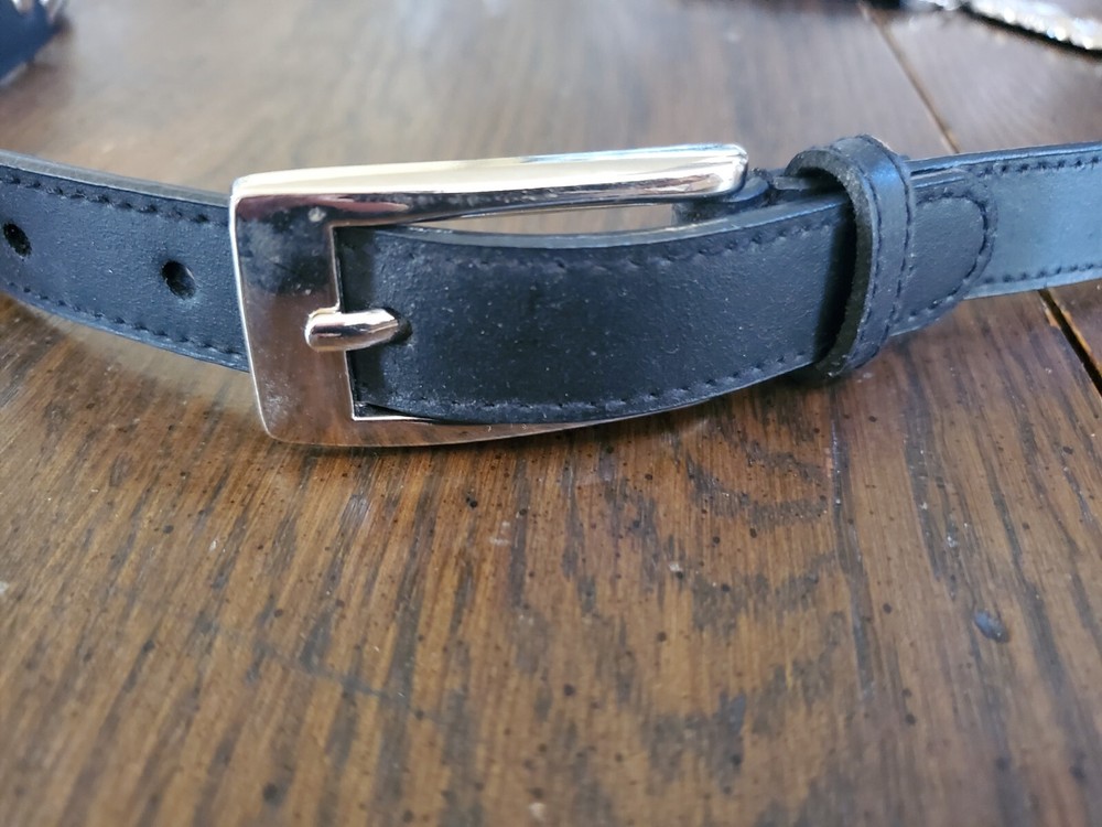 Black Leather Belt With Silver Tone Links, Size ML