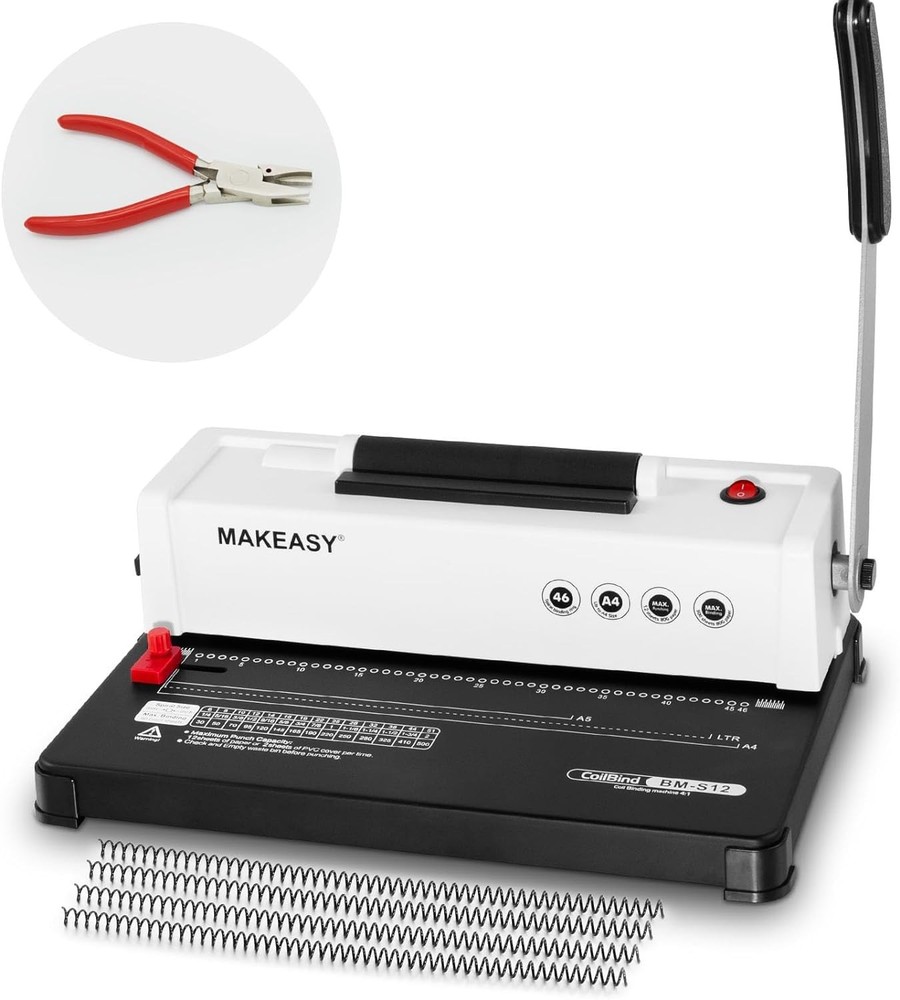 MAKEASY Spiral Binding Machine, 12 Sheets Punch Capacity, Electric Coil Insert,