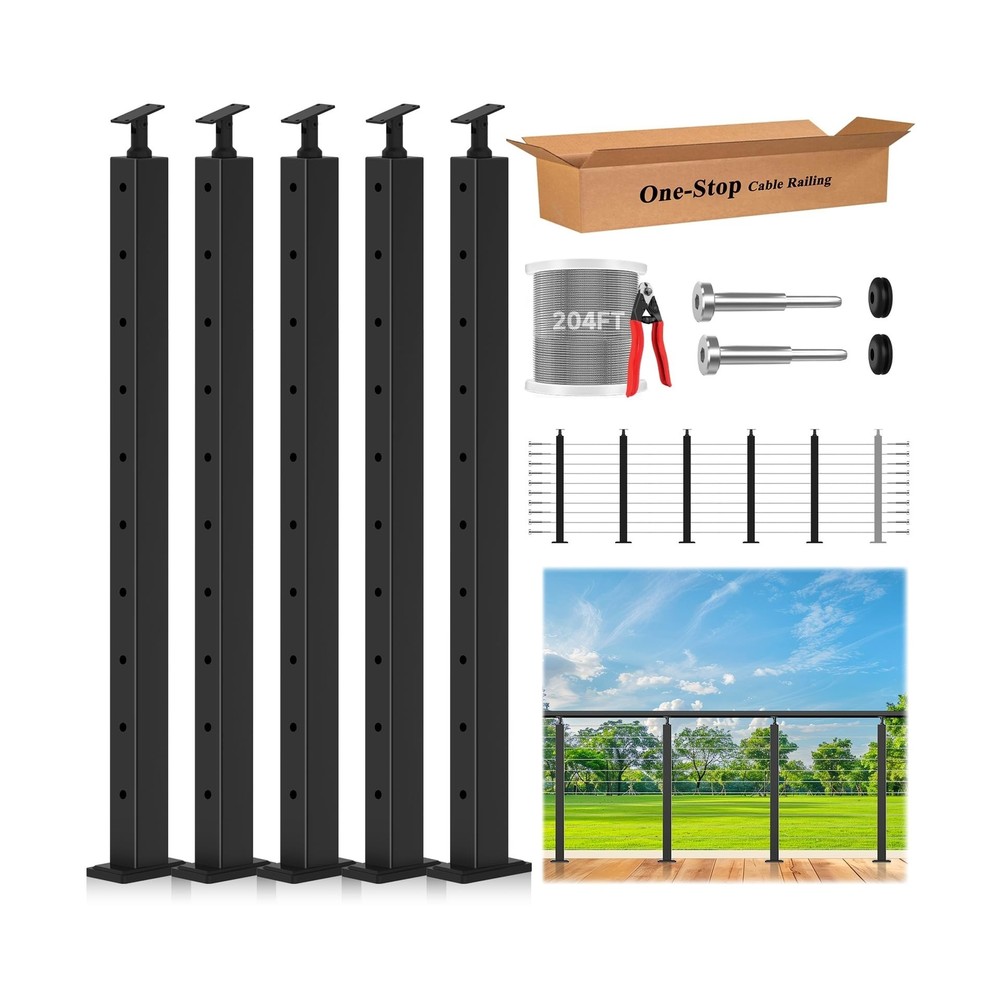 36" One-Stop Cable Railing Post Kit, 5Pack Level Drilled Line Post, Adjustabl...