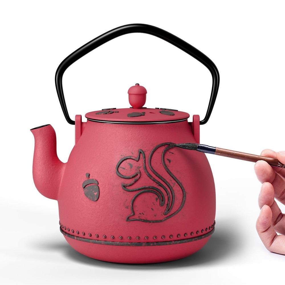 Cast Iron Tea Kettle with Removable Infuser 32 Ounce Squirrel Design Red