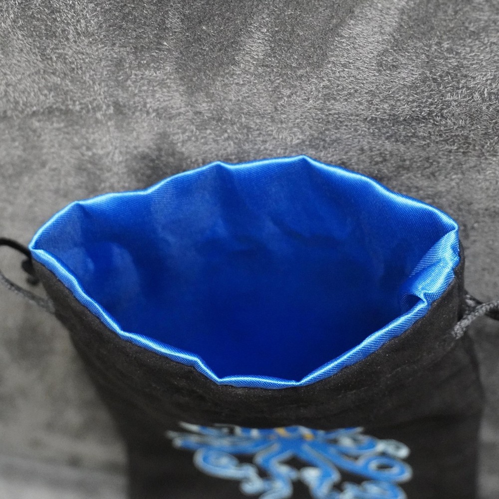Octopus Embroidered Drawstring Dice Bag Blue Lined RPG Accessory Storage Pouch