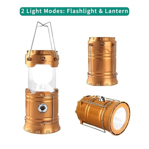 LED Camping Lantern, Solar and Rechargeable Lantern Flashlight Collapsible Gold