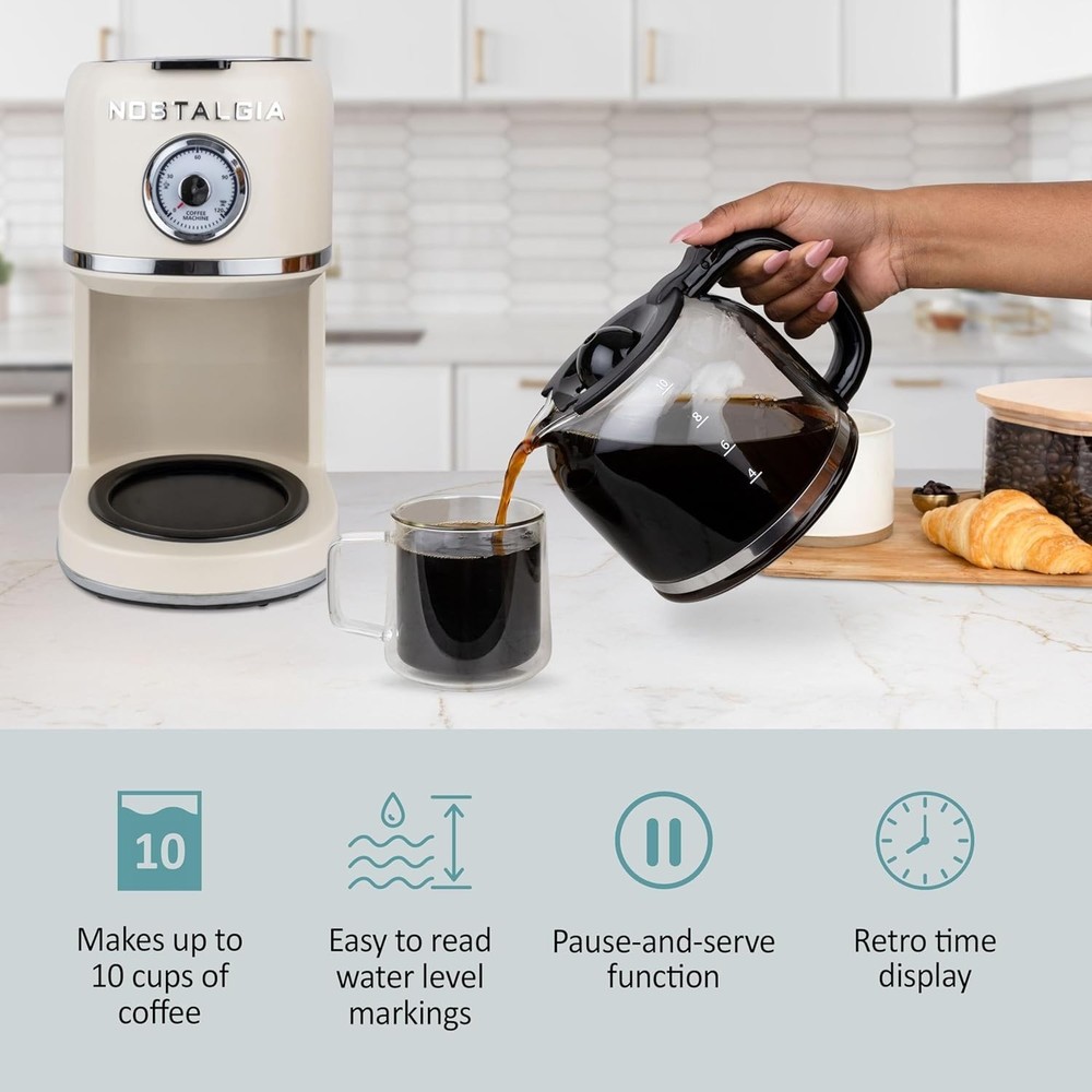 Classic Retro 10 Cup Coffee Maker - One-Touch Drip Brew, Reusable Filter - An...