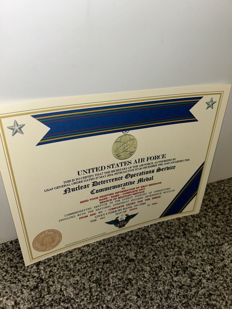 NUCLEAR DETERRENCE OPERATIONS MEDAL COMMEMORATIVE CERTIFICATE ~ W/PRINTING T-1