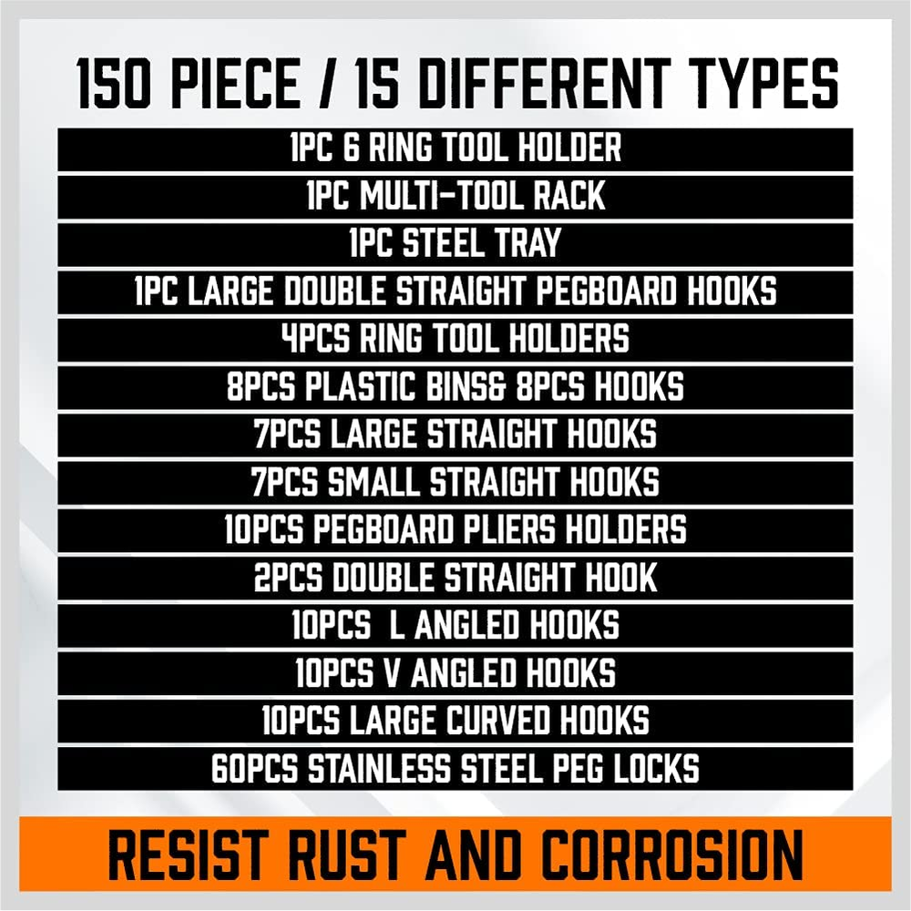 150-Piece Pegboard Hooks Assortment, Pegboard Accessories with Pegboard Bins for