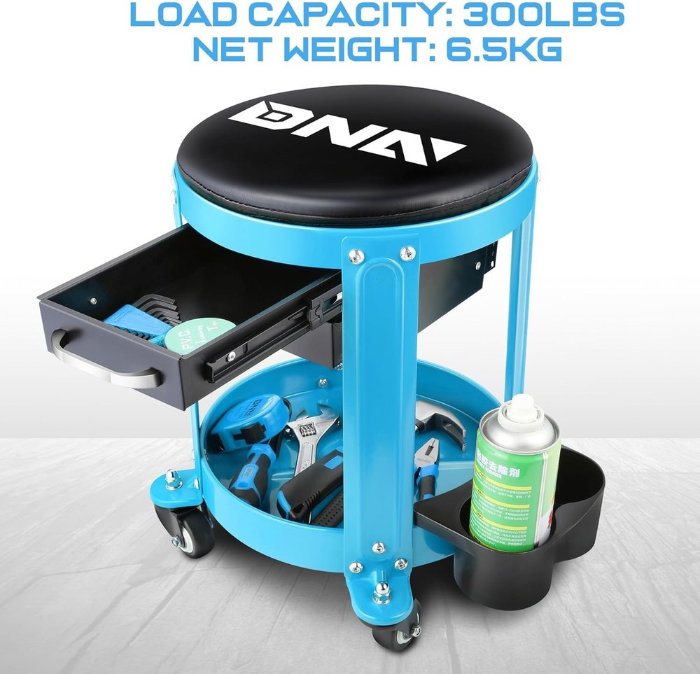 Compact Mechanics Roller Stool with Storage Drawer - 300 lbs Blue Design