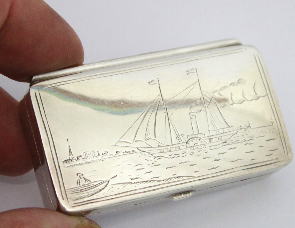 Sterling solid silver stamp box with paddle steamer engraving Elizabeth II