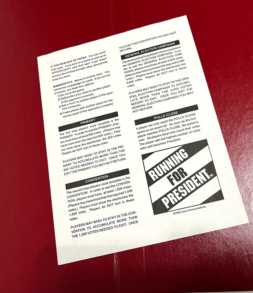 RUNNING FOR PRESIDENT Replacement Game Board 1992 Cary Communications NICE!