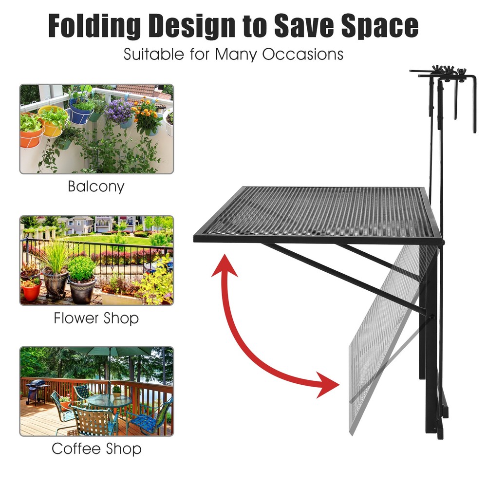 Patiojoy Folding Hanging Table Adjustable Balcony Railing Table Patio Deck Black