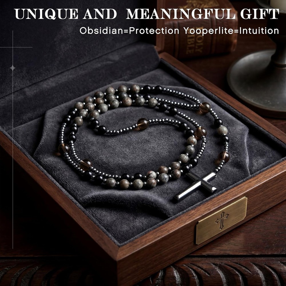 Yooperlite Stone Rosary Necklace UV Glow Hematite Beads Obsidian Cross Gift