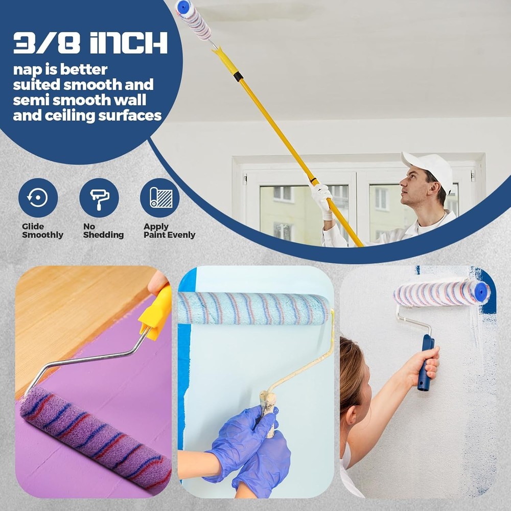 12 Pcs 18 Inch 3/8" Nap Paint Roller Covers Bulk Microfiber Refill Roller
