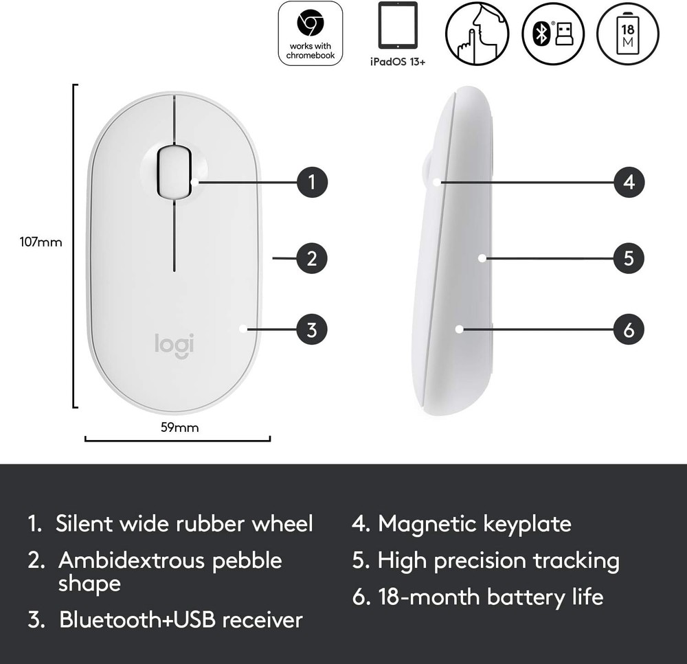 Logitech Slim Wireless Bluetooth Mouse White Optical Portable Mouse for Mac