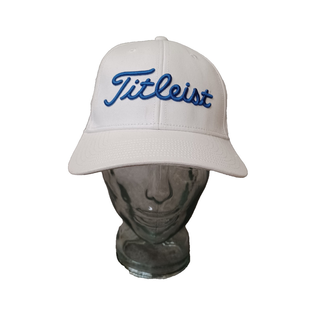 Titleist Hat Mens White Adjustable Blue Script Embroidered Logo Golf Cap
