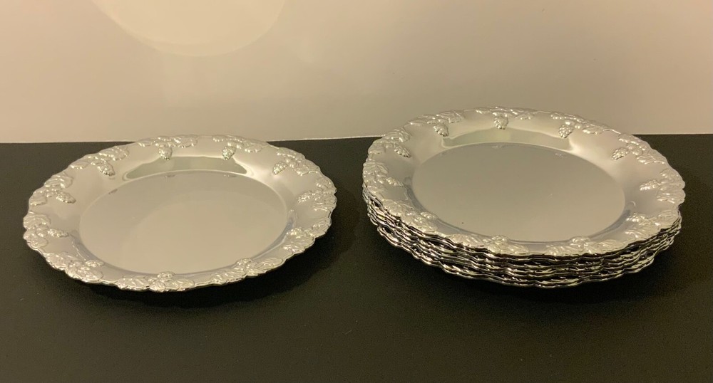 Vintage Silver Plated Coaster Set Of 8 Ornate Grape Pattern