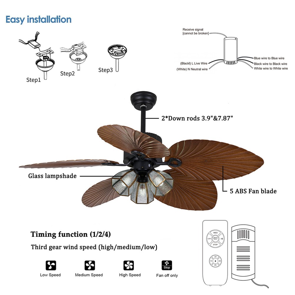 52" Tropical Ceiling Fan Light Indoor Reversible+ Remote Control 110V