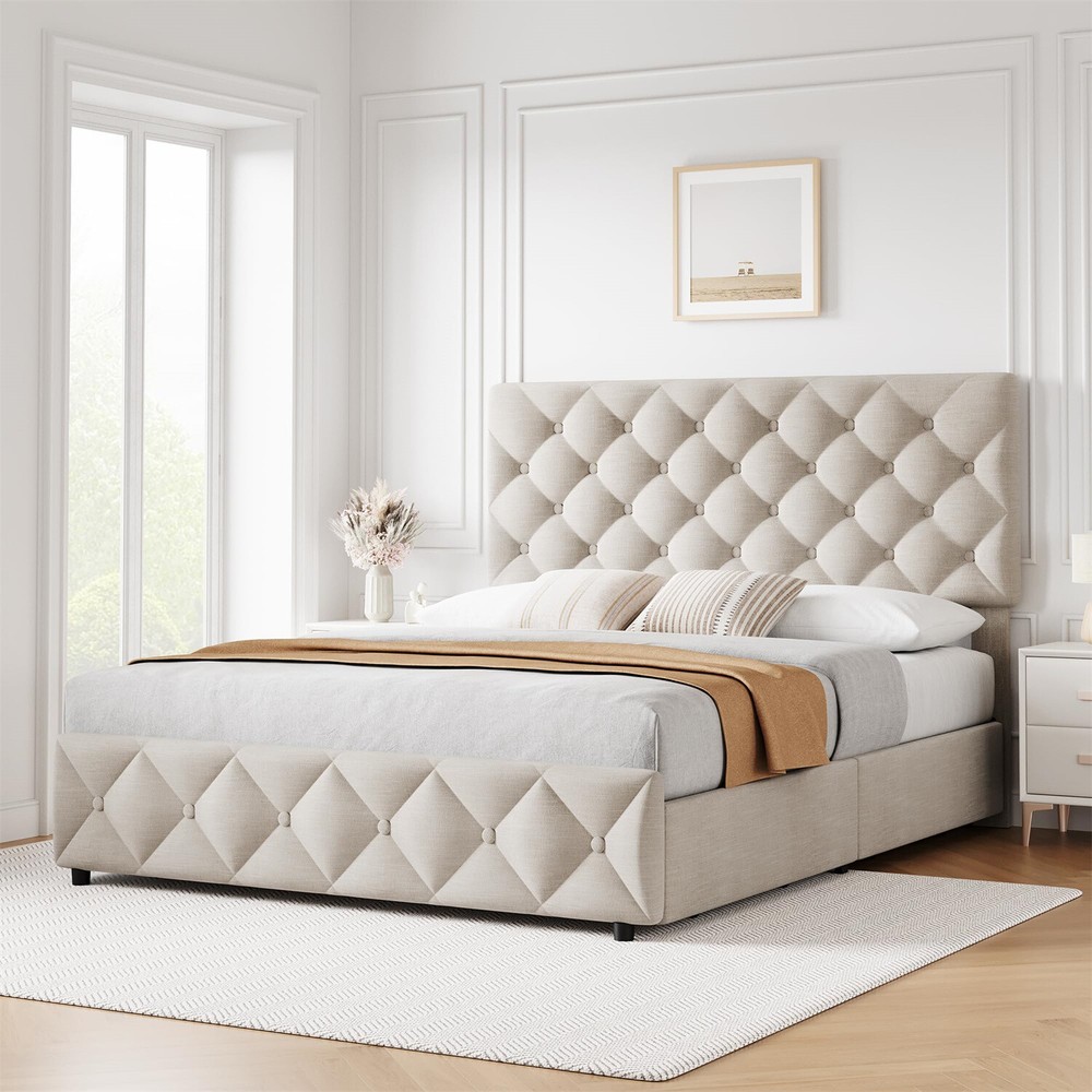 4 Storage Drawers and Headboard Full Size Bed Frame Linen Upholstered Platform