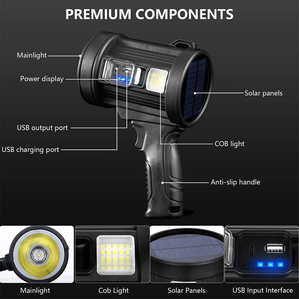 LED Flashlight 200000Lm Super Bright Searchlight Rechargeable Spotlight Handheld