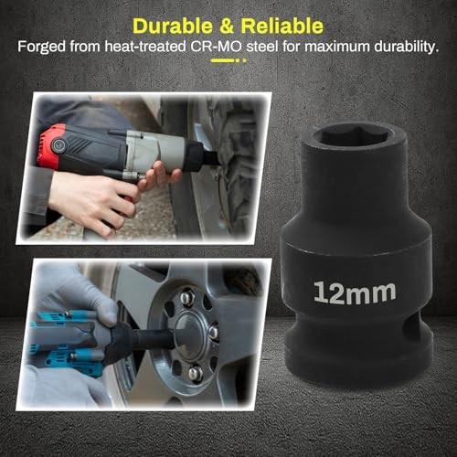 1/2" Drive Deep Impact Socket, CR-MO 6-Point Axle Nut Socket, Heavy Duty 12mm