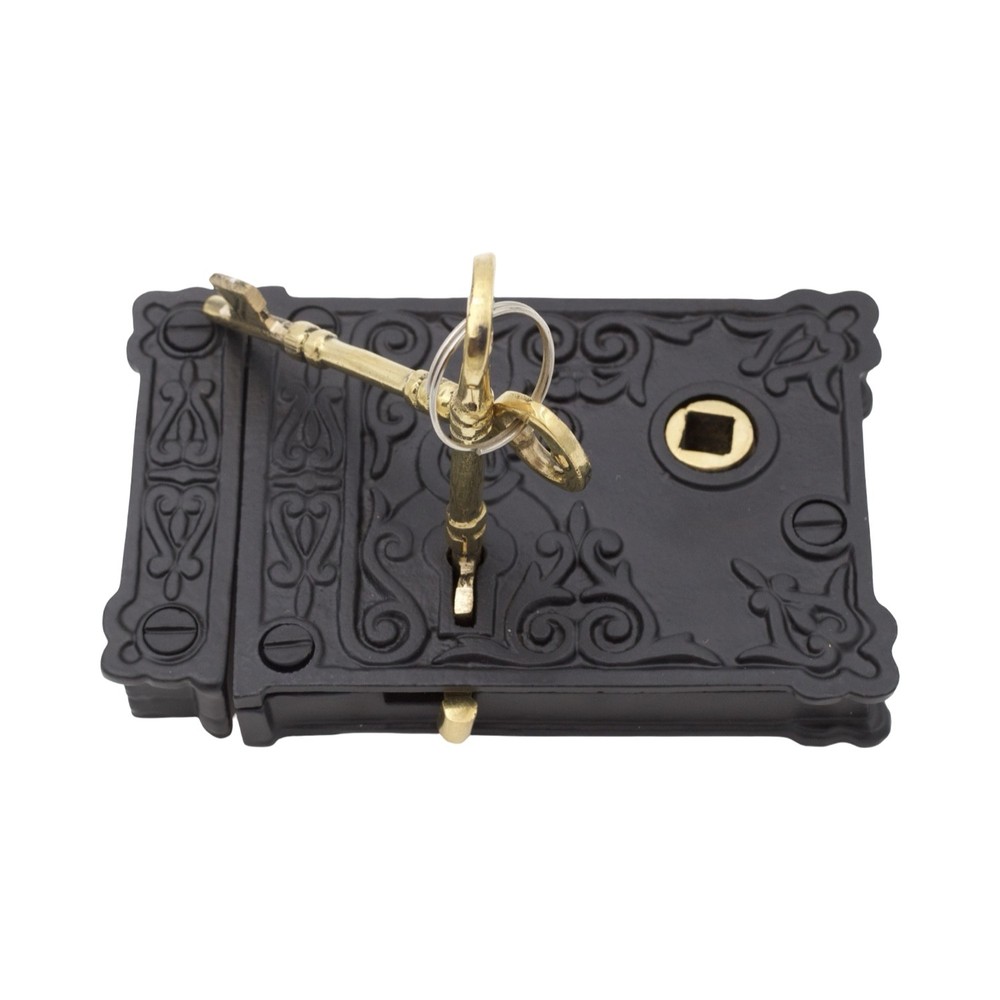 Rectangular Rim Lock Cast Iron Victorian Box Decorative w White Porcelain Knobs