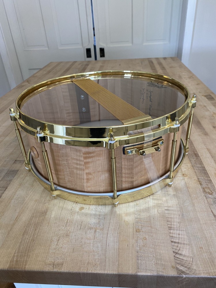 5 1/2 x 14 Custom made snare drum. Curly Maple Stave shell.