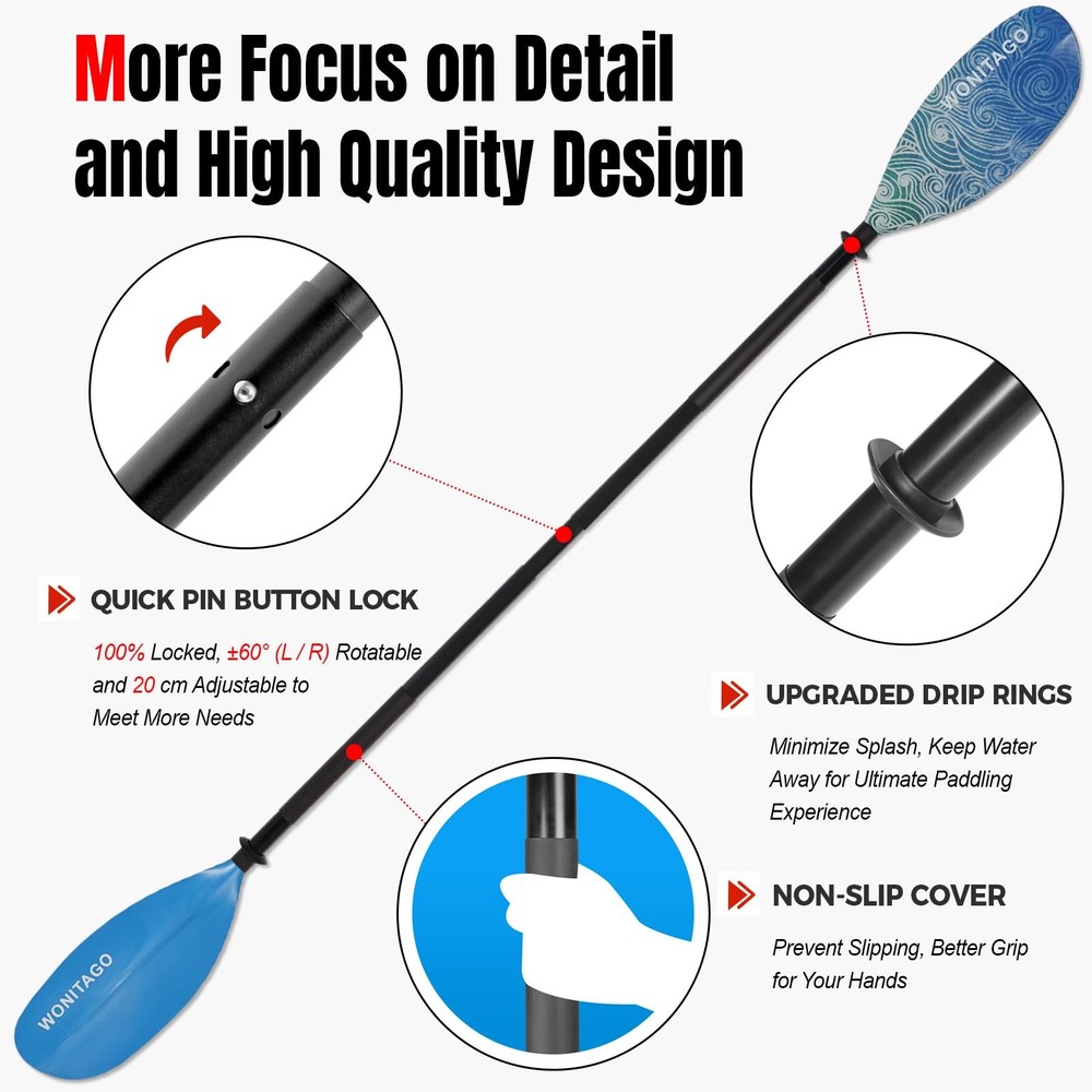 WONITAGO Kayak Paddle, Adjustable 230-250cm, Alloy Shaft, PP Blade, Floating
