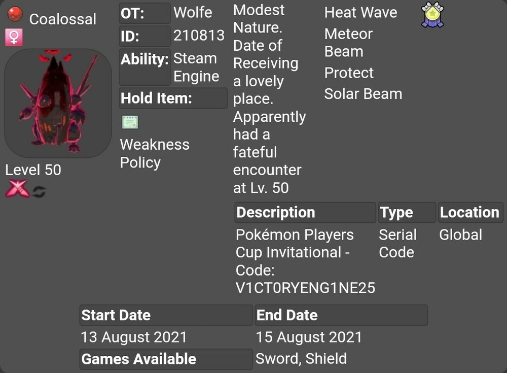 Champion Event Coalossal For Pokemon Sword & Shield