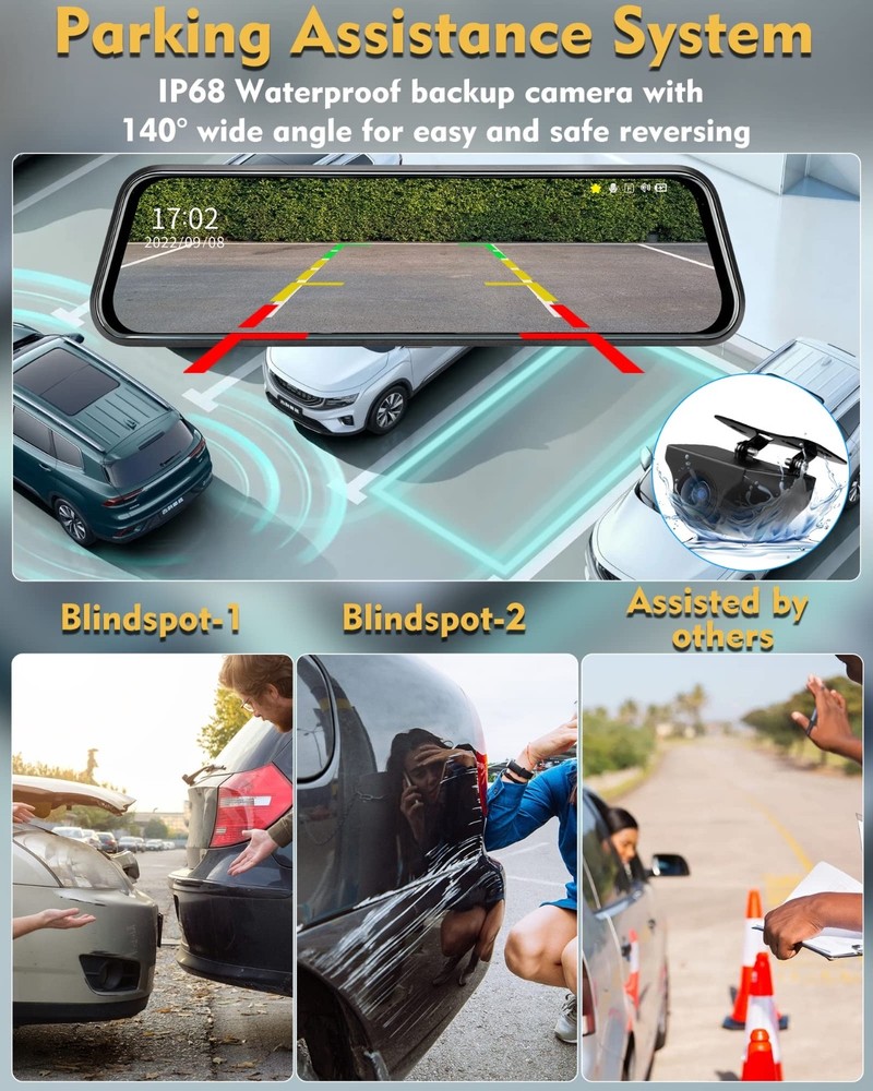 Dash Cam 1080P Front & Rear Camera Night Vision IPS Touchscreen Black 10" Mirror