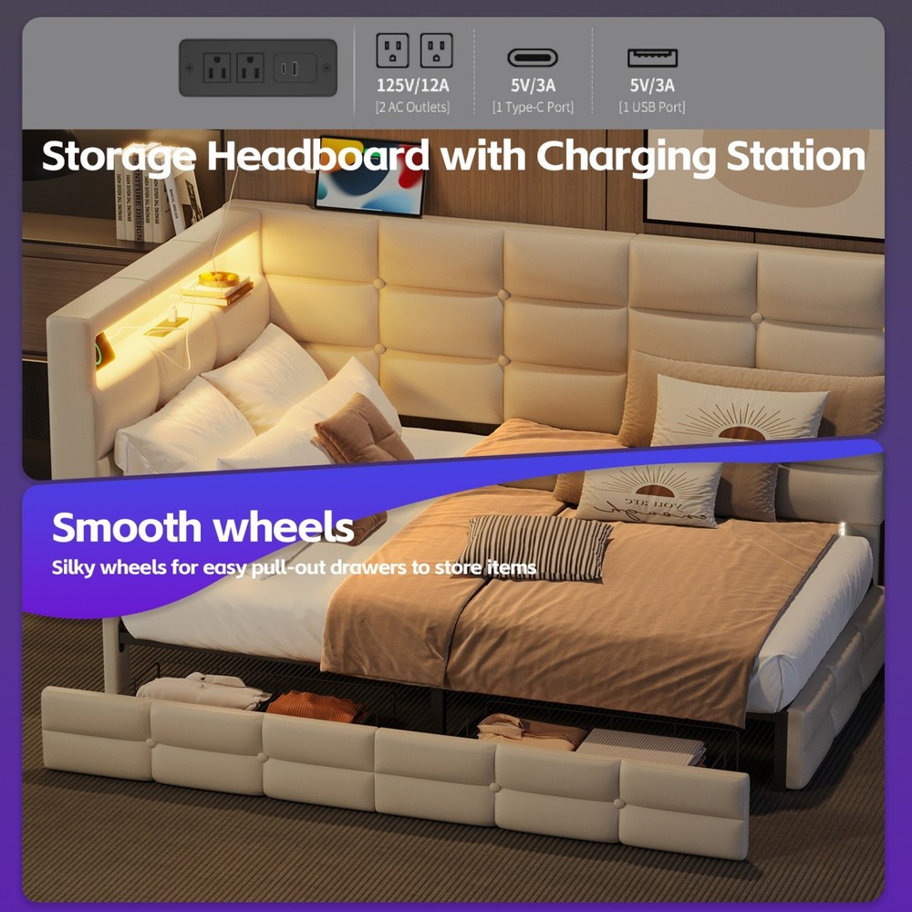 Twin Size Daybed Upholstered Bed Frame Sofa Bed w/ LED Lights & Drawers